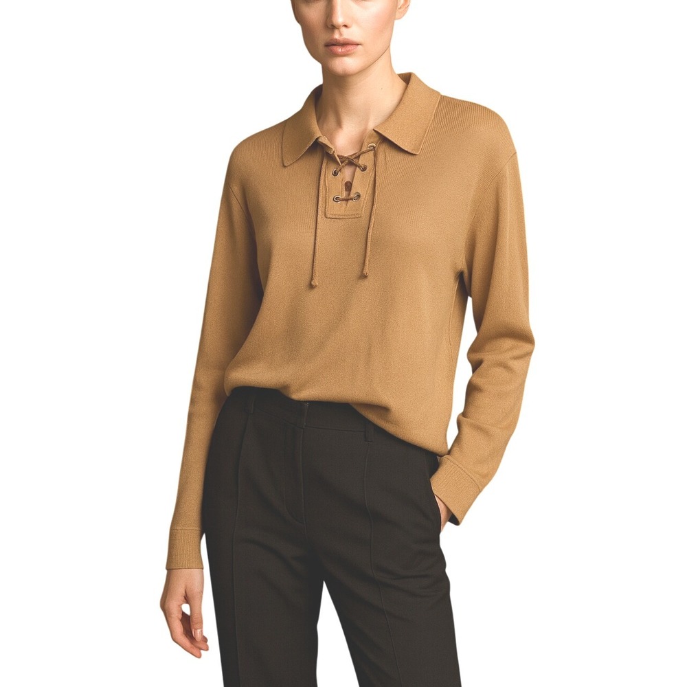 Lauren Ralph Lauren Preppy Womens Top Ribbed Knit Long Sleeve Lace Up Polo Shirt